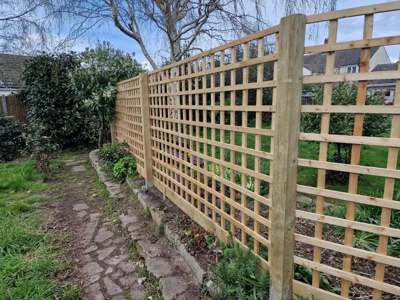 New square-lattice timber trellis panels fixed between timber posts along a garden border