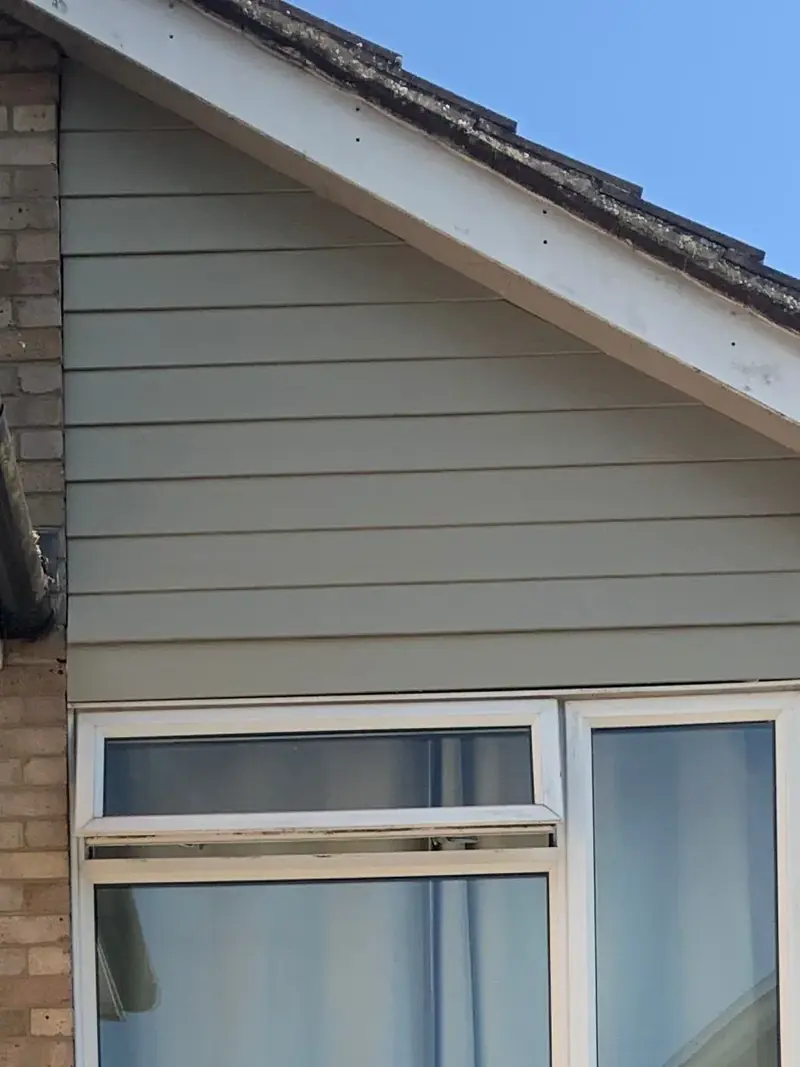 Close-up of new sage-green horizontal cladding boards meeting the gable fascia on a house in West Bergholt